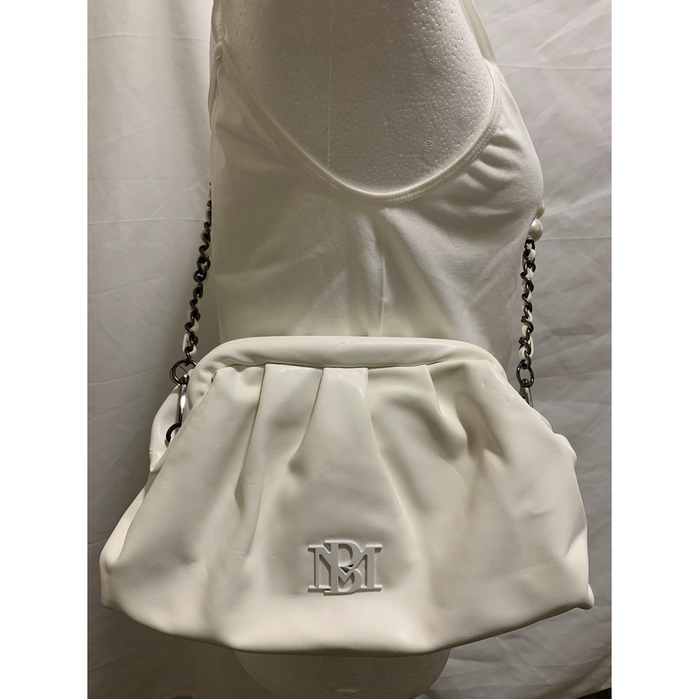Badgley Mischka White Vegan Leather Wrapped Frame Crossbody Pearl Chain Bag#617